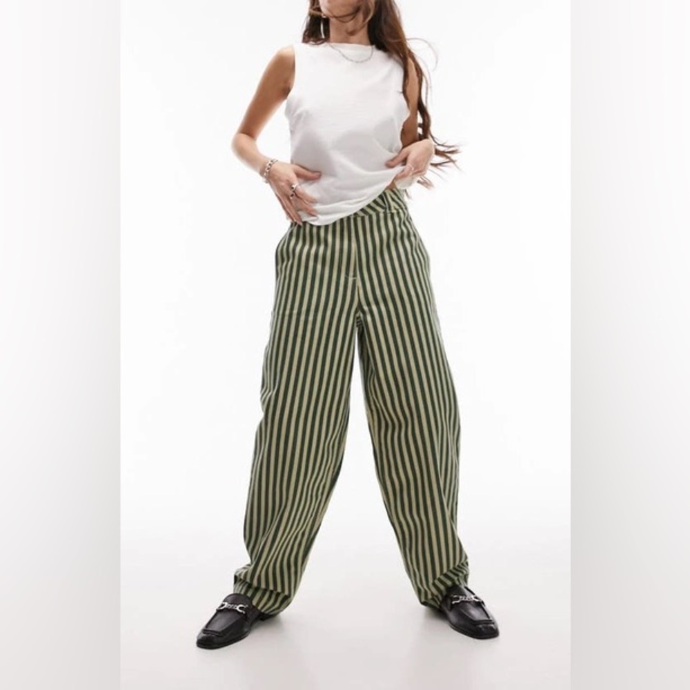 TOPSHOP Pinstripe Banana Wide Leg Pants In Khaki-green